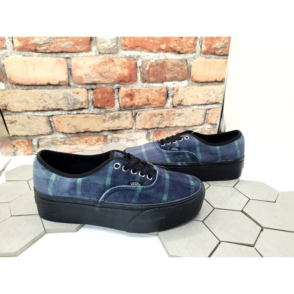 VANS Authentic Stackform Velvet Plaid Blue School Girl Platform Women's Size 9.5 - Picture 1 of 9